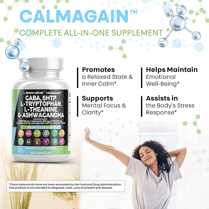 Clean Nutraceuticals GABA 750mg 5 HTP 200mg L Tryptophan 500mg L Theanine 200mg Ashwagandha SAM-e L-Glycine - Mood Support Vitamins for Women and Men with L-Tyrosine 5-HTP (5-Hydroxytryptophan)