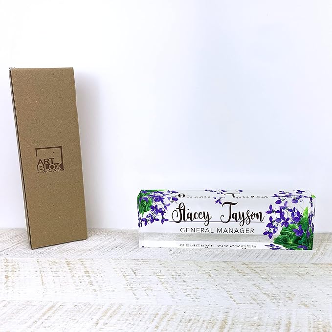 Artblox Personalized Name Plate For Desk | Violets Flowers Design On Clear Acrylic Glass | Custom Desk Name Plate Personalized With Your Name And Credentials For Teacher Phd Military Office Name Plate