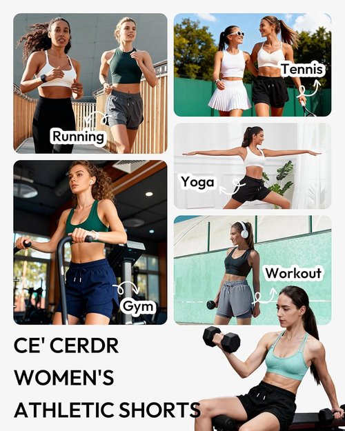 CE' CERDR Women's 2 in 1 High Waisted Running Shorts - Athletic Gym Yoga Shorts with 4 Pockets