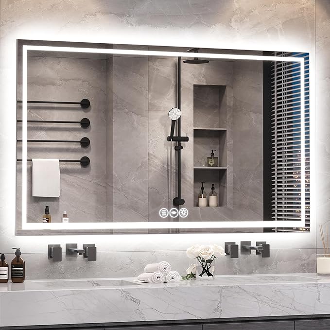 LED Bathroom Mirror 36x48 Inch Anti-Fog Bathroom Mirror with Lights, Wall Mounted Lighted Vanity Mirrors, Dimmable, Backlit + Front Lit, Smart Bathroom Vanity Mirror with 3 Colors Temperature