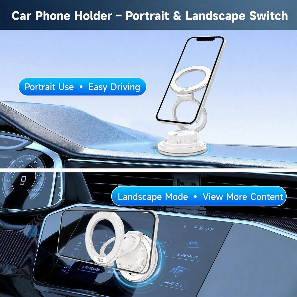 Car Phone Holder, 360° Adjustable Suction Cup Universal Phone Mount, Multi-Scene for Car Office Gym Home, Compatible with iPhone 17/16 Pro Max & Other Magnetic Phones (White)