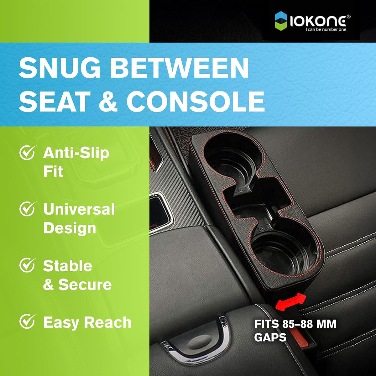 IOKONE Car Cup Holder, PU Leather, Car Seat Gap Filler Organizer, Black