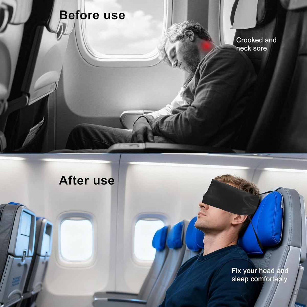 Travel Pillows for Airplanes, 2 Pack Airplane Head Strap with Silk Eye Mask for Sleeping, Long Flights & Car Road Trips 360°Headrest Neck Support, Stops Bobbing, Small & Compact (Black)