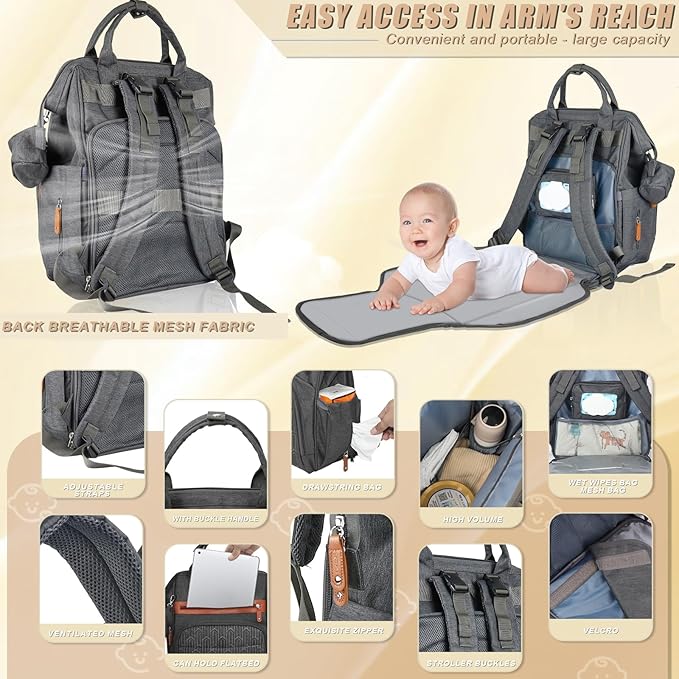 Diaper Backpack with Changing Pad, Baby Diaper Bag for Mom & Dad with Multipurpose Pockets, Large Stylish Baby Bag for Boy, Girl, Toddler (Dark Grey)