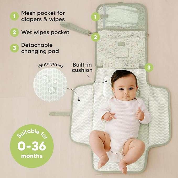 KeaBabies Portable Diaper Changing Pad - Large Waterproof Baby Changing Mat, Compact Travel Diaper Clutch, Functional Pockets Fit Newborn Essentials, Wipeable & Padded Baby Changer (Fox Vale)