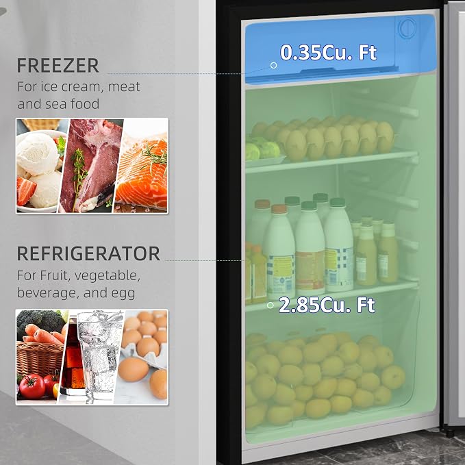 HOMCOM 3.2 Cu.Ft Mini Fridge with Freezer Single Reversible Door Silver | Compact Refrigerator, Adjustable Thermostat, Shelf, for Bedroom Dorm Home Office, Energy Efficient