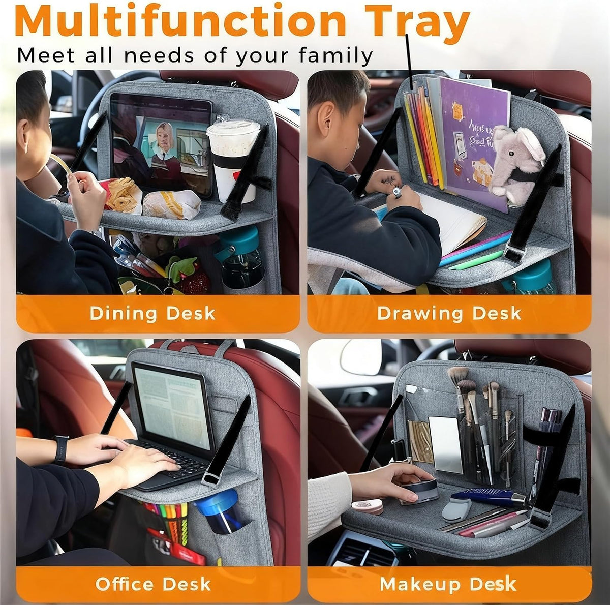 Backseat Car Organizer with Tray, 9 Storage Pockets Back Seat Protector with Foldable Tablet Holder, Waterproof Back of Seat Kick Mats for Kids Adult, Travel Accessories 2 Pack, Gray