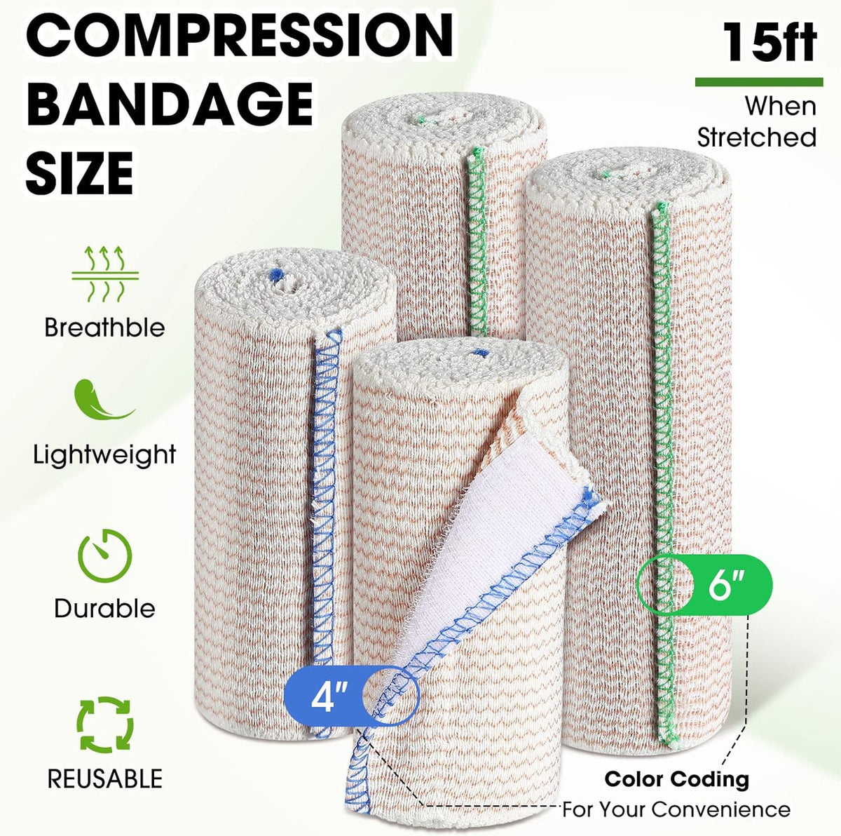 Skiennix Elastic Bandage Wrap - 30 Pcs Compression Wraps for Sports Injuries | Washable & Reusable (4" & 6" Width)