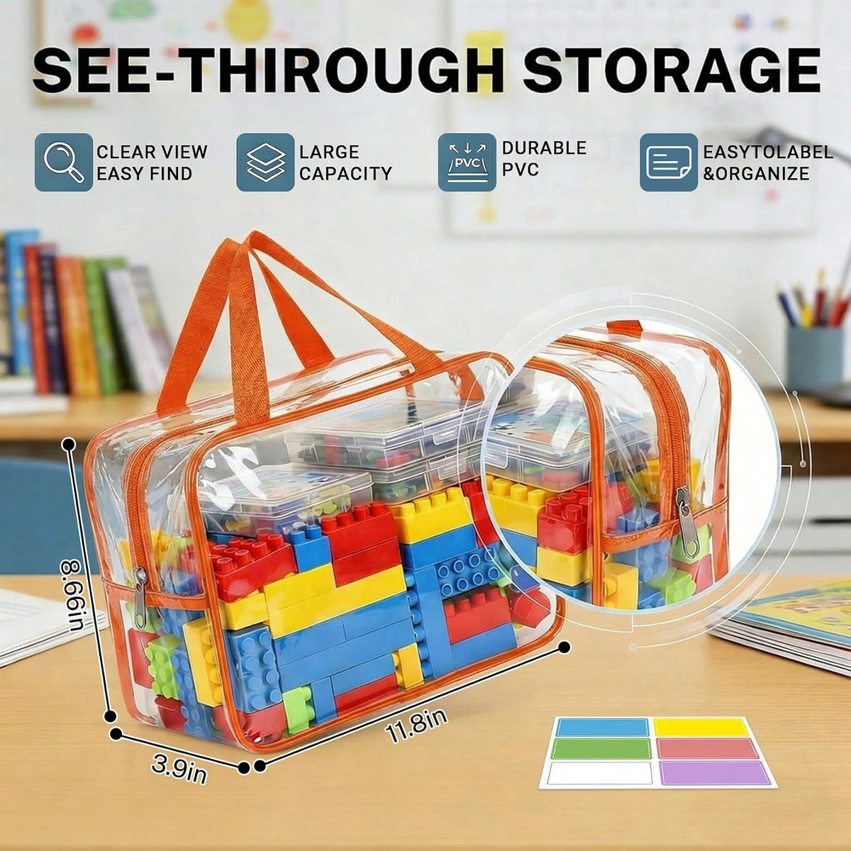 6 Packs Large Toy Storage Bags, Reusable Clear PVC Storage Bags with Zipper, Travel Waterproof Organizer Bags for Puzzles, Building Blocks,Board Game, Kids Books, Stationery(Colorful)