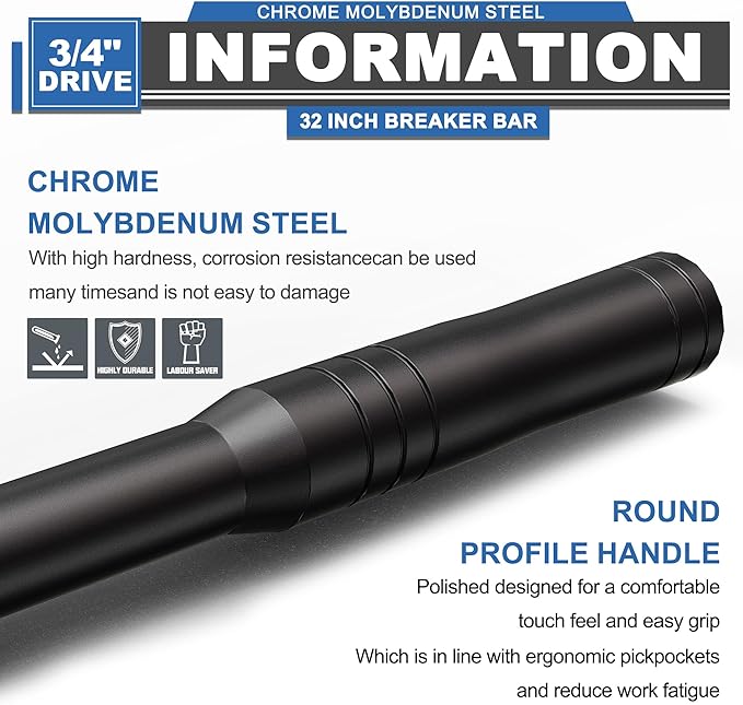 3/4” Drive 32 Inch Breaker Bar, Heavy Duty Head, Premium Chromium-Molybdenum Steel, Laser Etched Marking, for Loosen Rusted, Stubborn, Stuck Nuts and Bolts