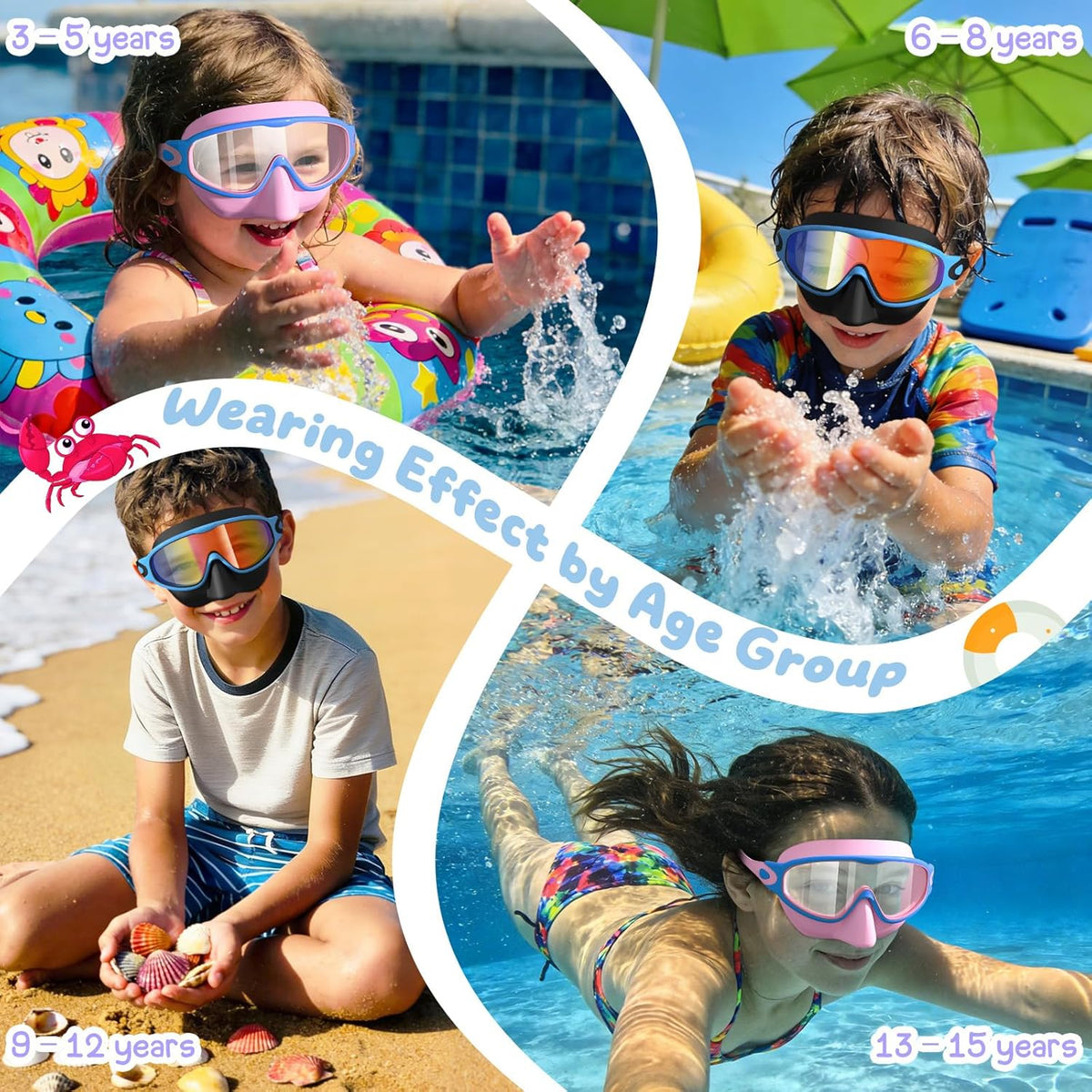 VegoVia Kids Swim Goggles - Anti-Fog UV Protection with Nose Cover | 2 Pack for Ages 3-15