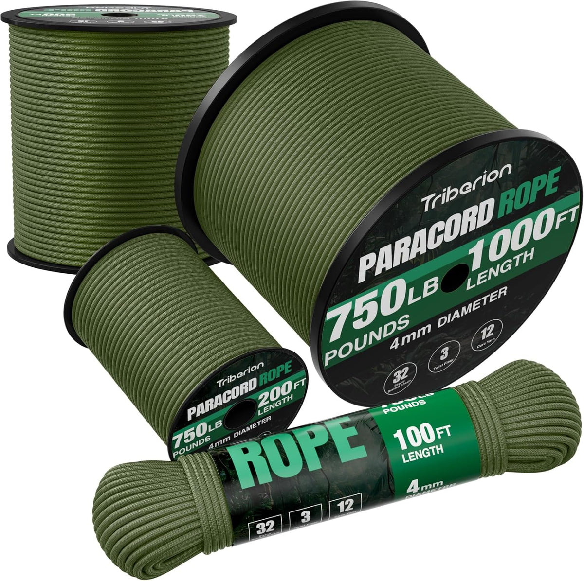 Paracord Rope - 750 lb Heavy Duty 12-Strand Parachute Cord | 1000ft, 500ft, 200ft, 100ft Options for Camping & Survival Gear