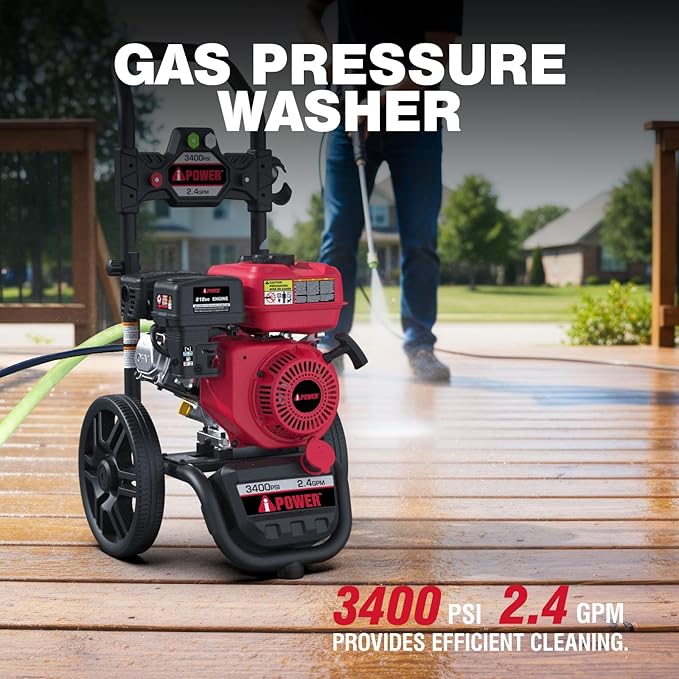 A-iPower Gas Pressure Washer 3400PSI 2.4 GPM Gas Powered Foldable Frame Pressure Washer 12'' Wheel Gas Power Washer, Onboard Soap Tank, with Spray Gun 5 QC Nozzles, for Fence/Cars/Driveways (GPW3400)