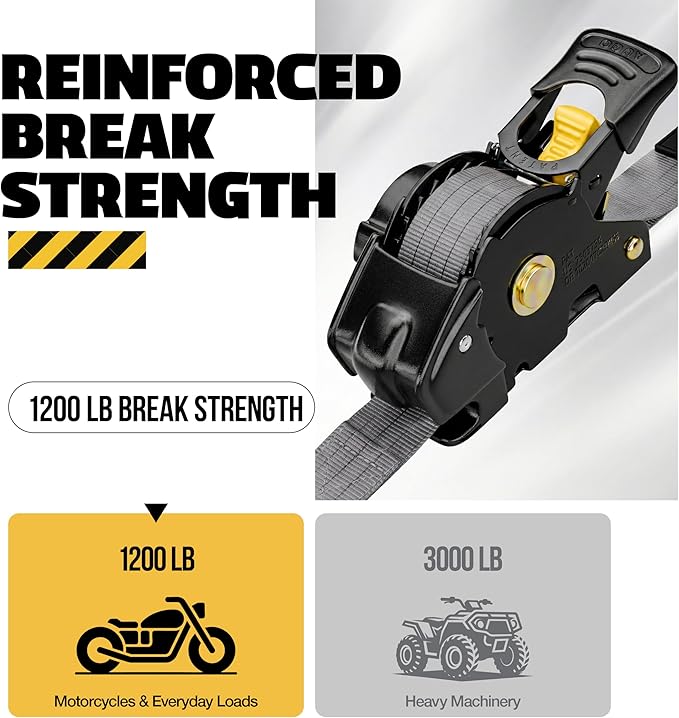 AUGO Retractable Ratchet Straps | 2 Heavy Duty Ratchet Straps Self Retractable Tie Downs with Soft Loops & Storage Bag for Motorcycle, Truck, Trailer, Cargo Van | 1200 Lb Break Strength 1” x 10’