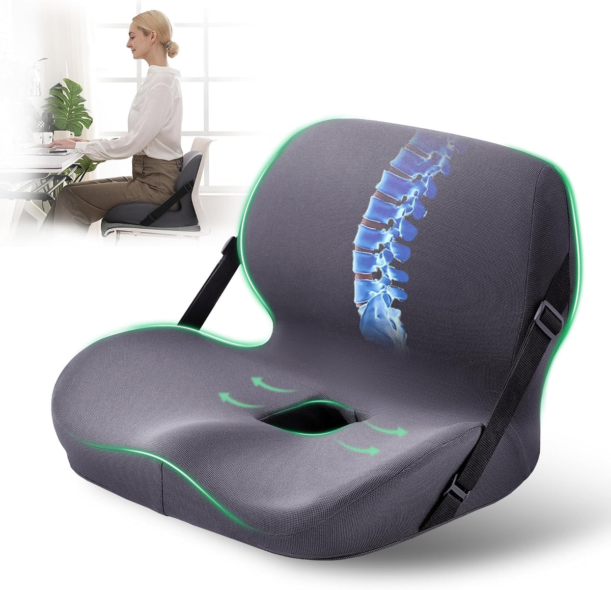 EGOHOME L-Shaped Seat Cushion for Office Chair & Car, Memory Foam Coccyx Cushion with Lumbar Support - Relieves Tailbone, Sciatica, Lower Back Pain, Adjustable Strap & Non-Slip Bottom, Grey