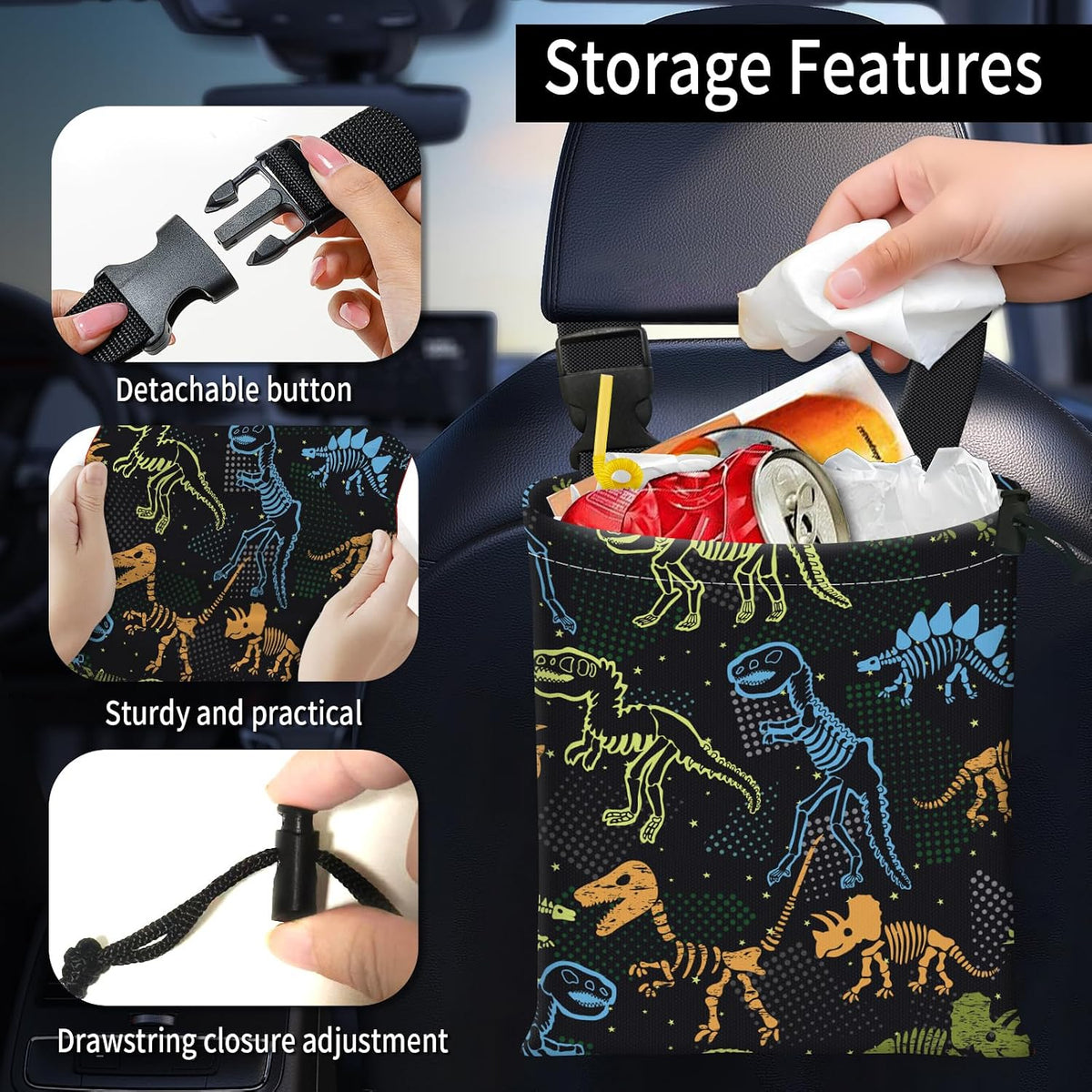Car Trash Bag Large Hanging Can for Back of Seat, Cute Waterproof Car Garbage Bag for Vehicle, Travelling, Outdoor Colorful Cartoon Dinosaur