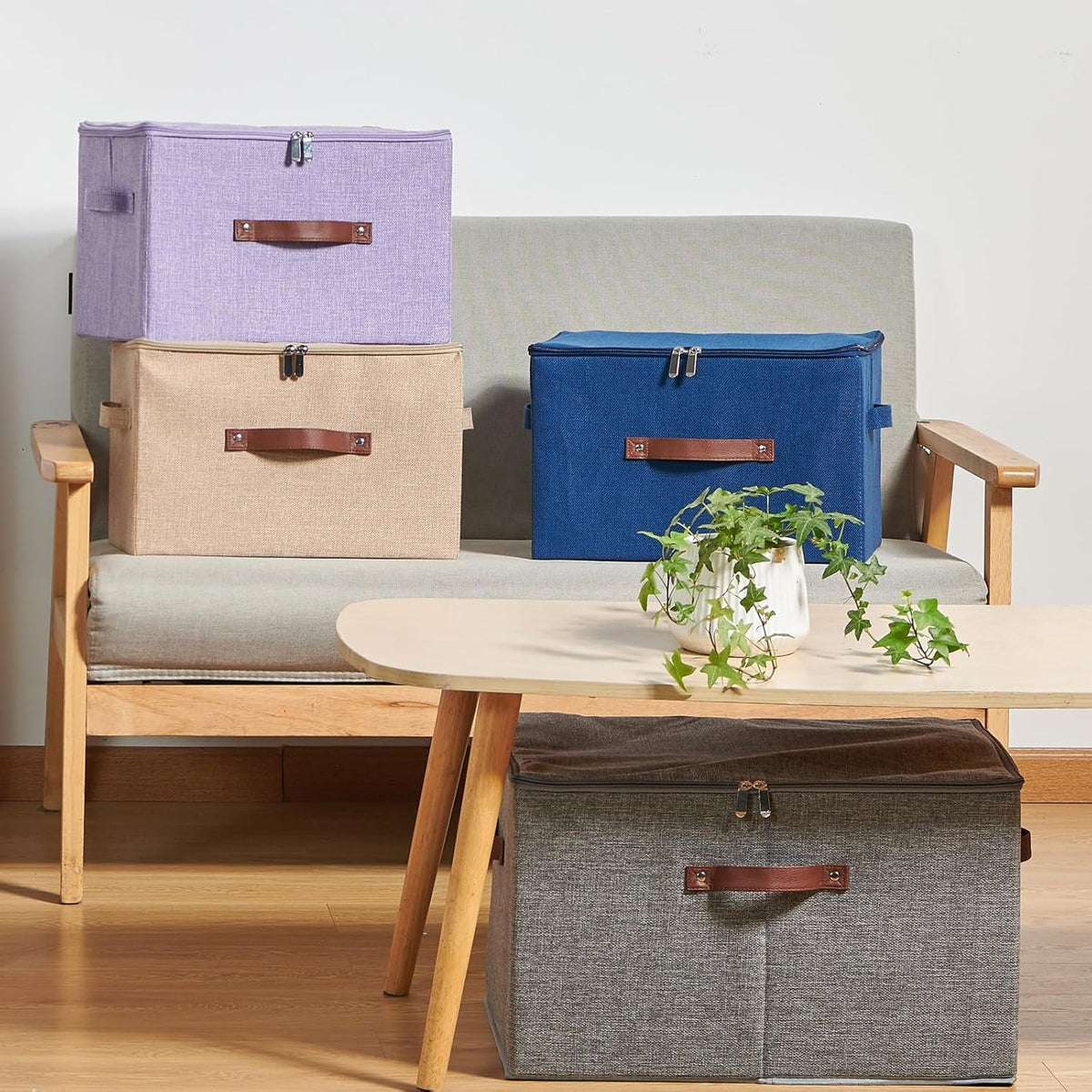 Storage Bins with Zipper Lid Cotton Linen Fabric Lidded Storage Baskets Boxes Foldable Washable Closet Shelf Clothes Organizer Container with PU Leather Handles (Teal Blue, Large)