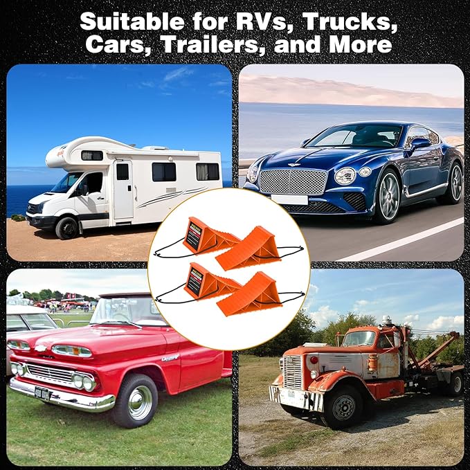 Wheel Chocks, 4 PACK Heavy Duty Wheel Chocks for Car with Rope for Easy Removal, Durable, Non-Slip, Hard Plastic Tire Stopper Blocks for RV, Camper, Trailer, Effective in Keeping Your Vehicle in Place
