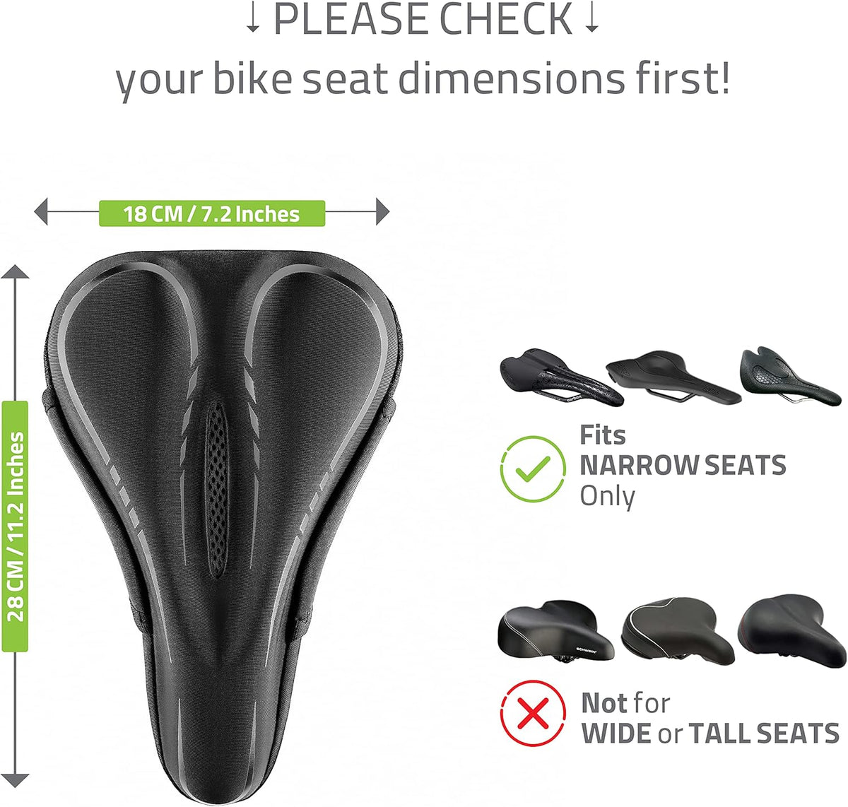 Skiennix Narrow Gel Bike Seat Cushion - Extra Soft Memory Foam & Gel Cover for All Bikes - Unisex