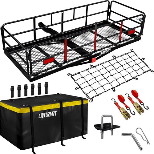 LWTURMRT Cargo Carrier Basket - 58" x 24" x 14" Folding Hitch Mount for SUVs | 500LBS Capacity, Black with Bag