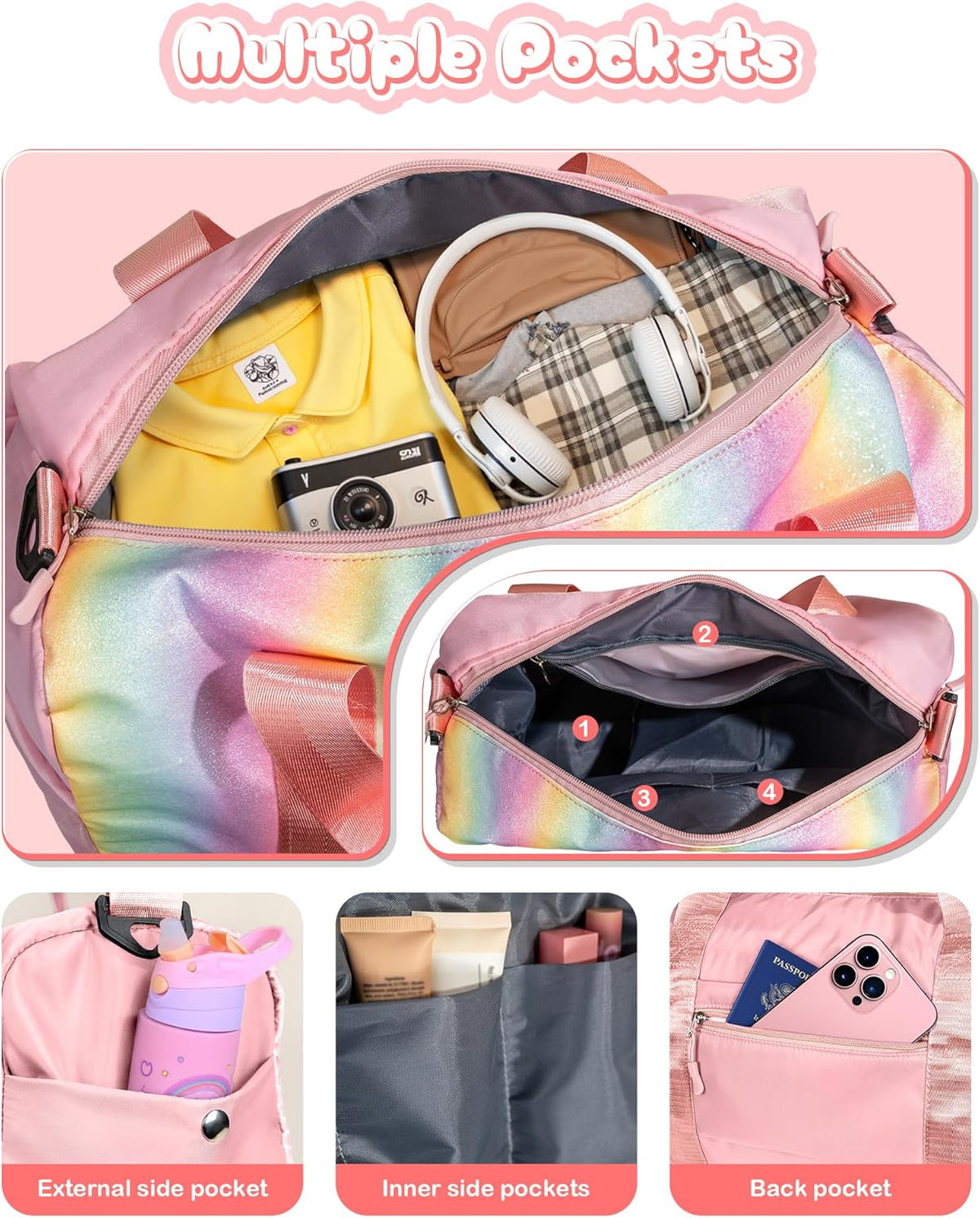 Skiennix Girl Gym Bag - Personalized Weekender Tote with Shoe Compartment & Makeup Pouch (Letter I)