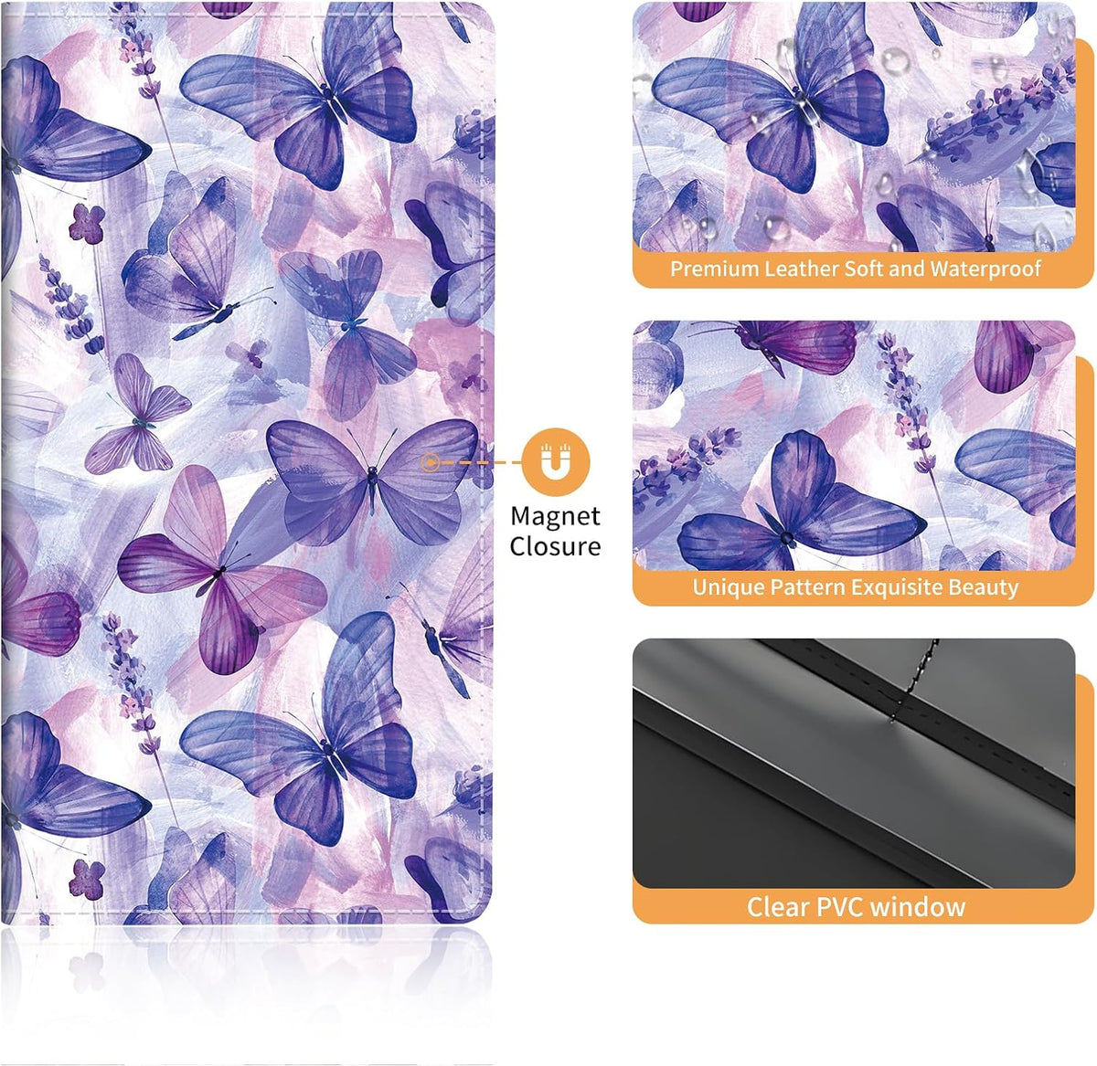 Premium Leather Car Registration and Insurance Card Holder with Magnetic Shut, Cute Vehicle License Document Glove Box Compartment Organizer Cool Car Accessories Blue Purple Butterfly