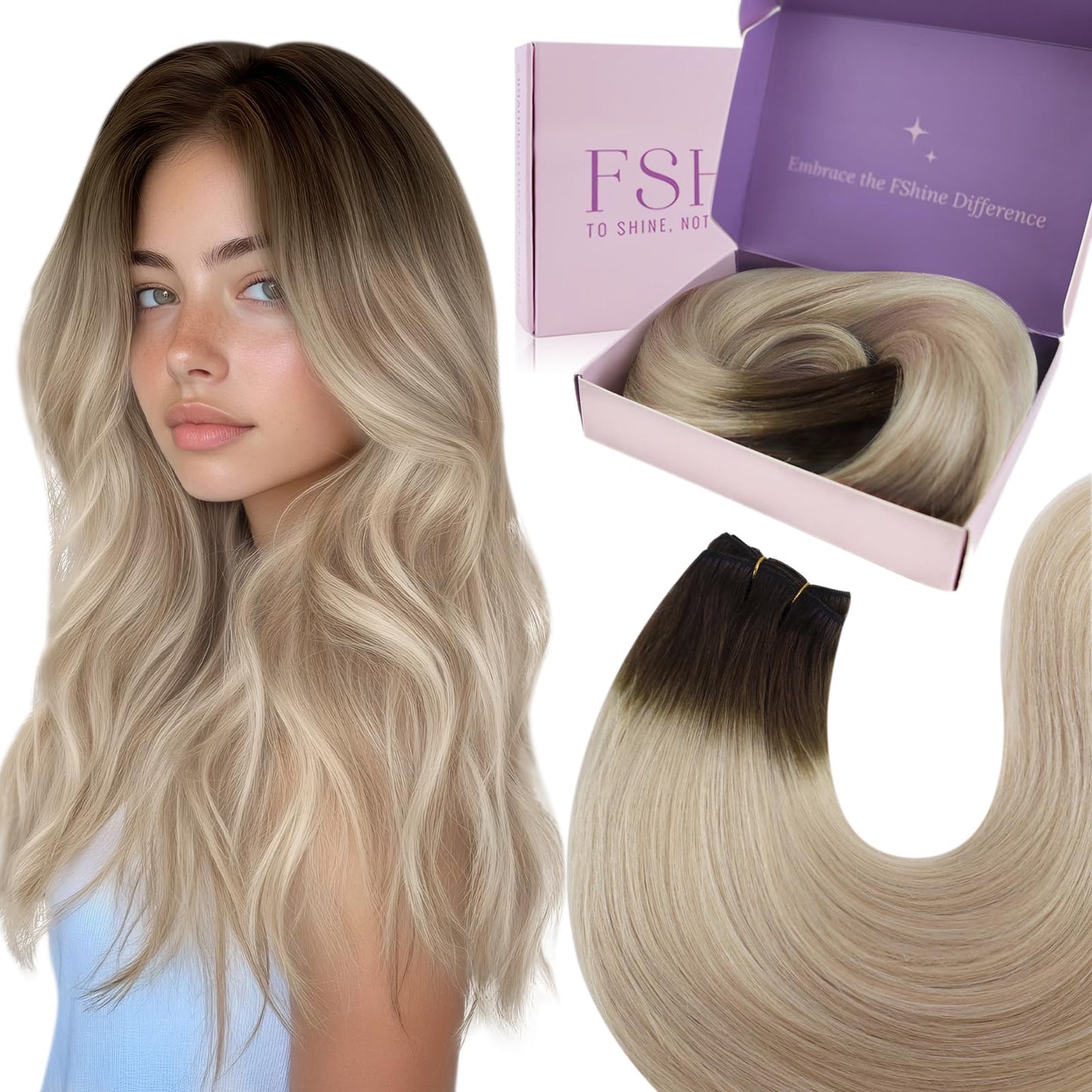 Fshine Sew In Real Human 18 Inch Ombre Double Weft Sew Remy Brown Fading To Ash And Blonde Weft Hair 100G 18 Inch-100G
