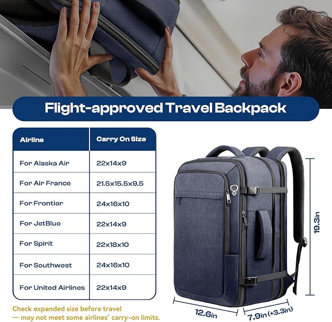 Carry on Backpack, 35L-45L Expanable Travel backpack, TSA Airplane Approved