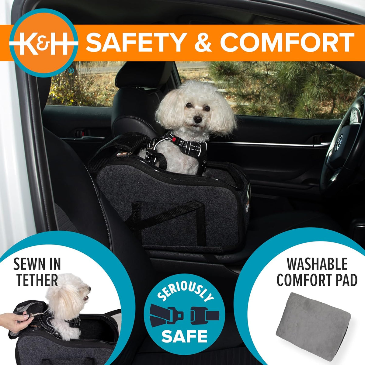 K&H Pet Products Center Console Dog Car Seat for Small Dogs & Cats, Secure Armrest Booster Pet Carrier with Safety Tether, Zippered Enclosure, 2 Pockets, Washable Plush Pad, for Pets Under 8 lbs