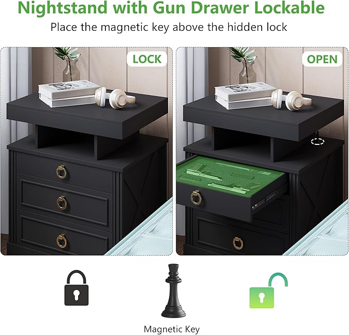 HNEBC Night Stand Set 2 with Gun Drawers, LED Farmhouse Nightstand with Charging Station, Smart End Table with 3 Colors Auto Lights, Bedside tabel with Hidden Compartment,Bedroom Set-Black