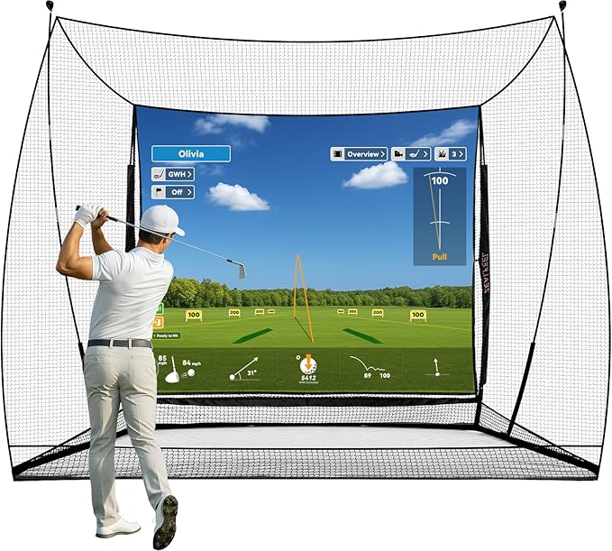 Golf Simulator Cage with Side Barriers&Impact Screen – 10x8 FT Golf Net with Dual-Layer HD Simulator Screen for High-Speed Shots, Practice Net with Ball Return for Indoor Outdoor Backyard