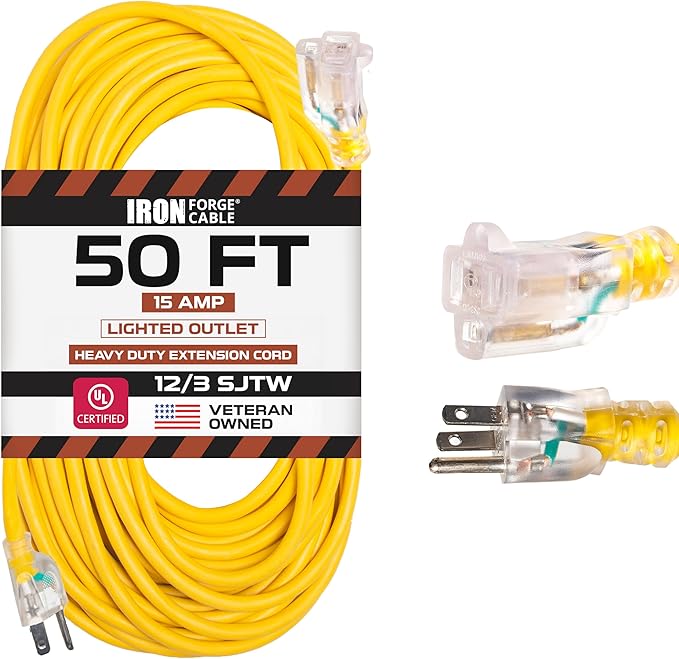 Iron Forge Cable 50 Foot Lighted Outdoor Extension Cord - 12/3 SJTW Heavy Duty Yellow Extension Cable with 3 Prong 15 AMP Grounded Plug for Safety