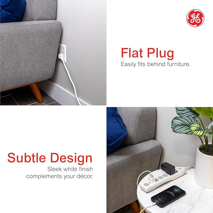 GE Surge Protector Power Strip, 4 Ft Extension Cord, 6 Outlet Extender, 800 Joules, Flat Plug, Twist-to-Close Safety Covers, ETL Listed, White, 33658