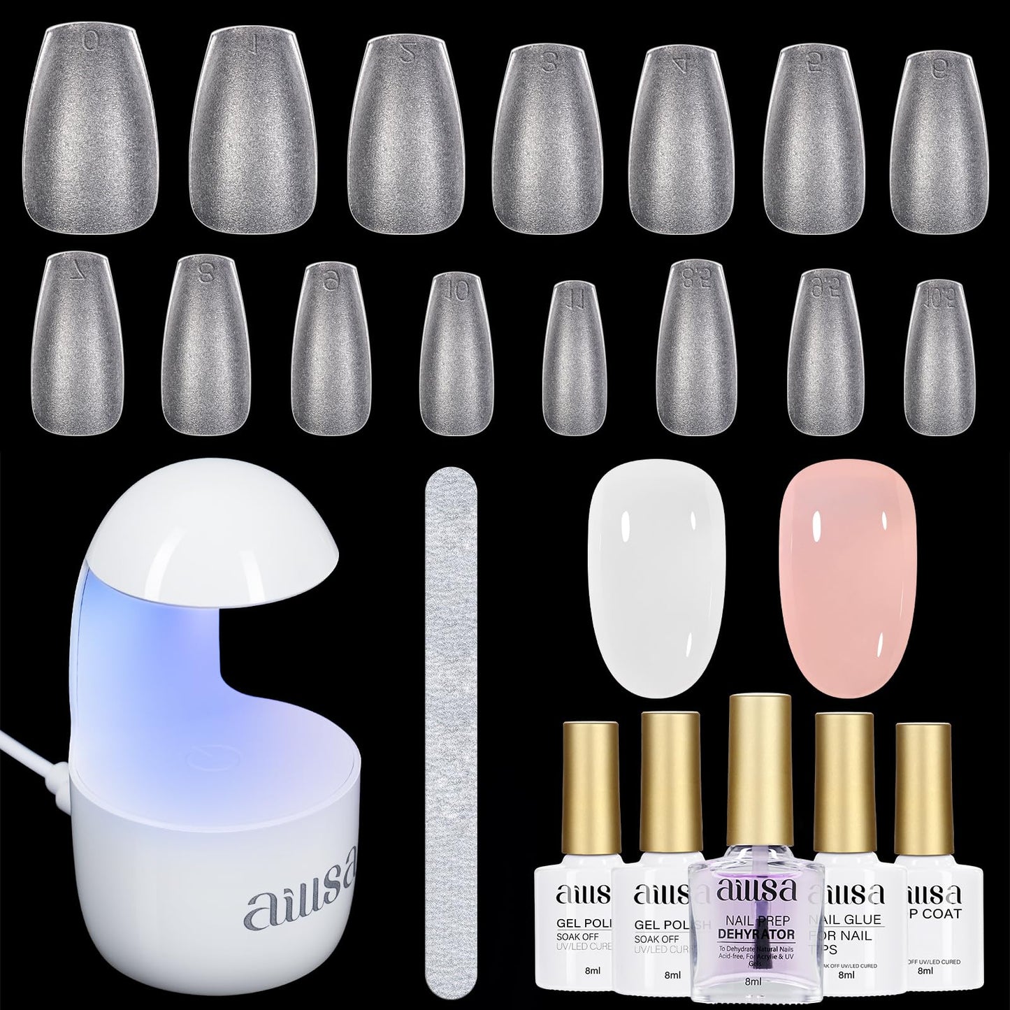 Aillsa Nail Tips And Glue Gel Kit Short Coffin Nail Tips 240Pcs With 2 In 1 Nail Glue Base Coat And Nail Dehydrator, Soft Gel Ex