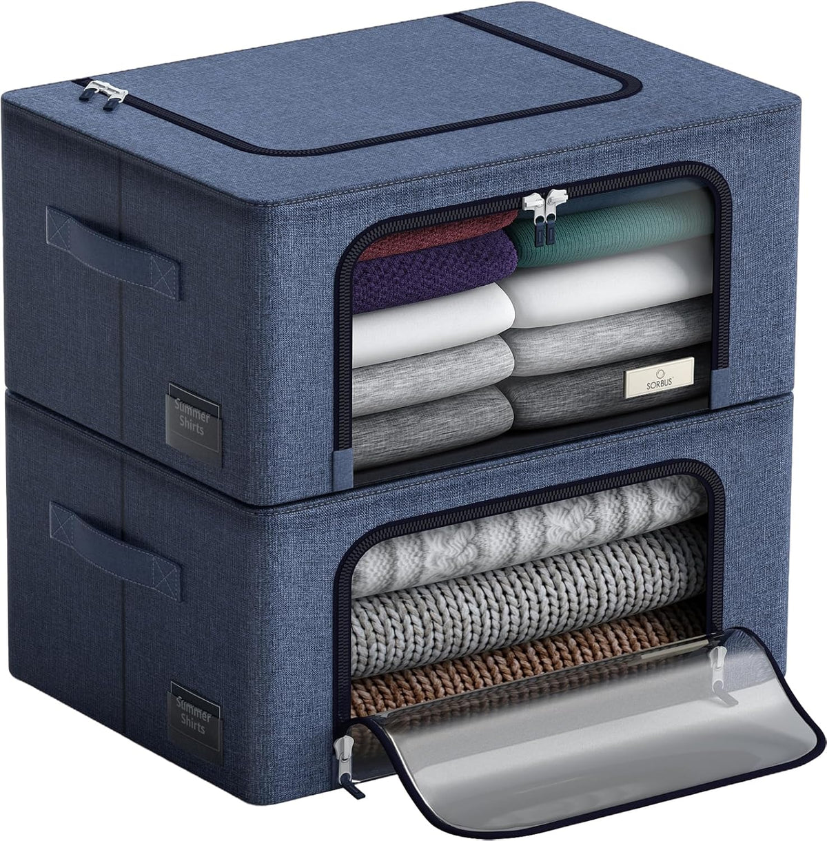Sorbus Storage Bins with Metal Frame - Stackable & Foldable Clothes Organizer Bags - Oxford Fabric Storage Containers with Large Clear Window & Carry Handles, Bedroom Organization for Bedding & Linen