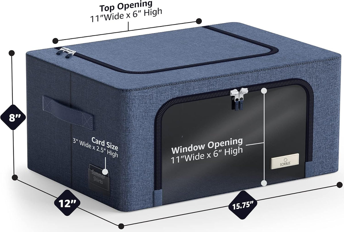 Sorbus Storage Bins with Metal Frame - Stackable & Foldable Clothes Organizer Bags - Oxford Fabric Storage Containers with Large Clear Window & Carry Handles, Bedroom Organization for Bedding & Linen