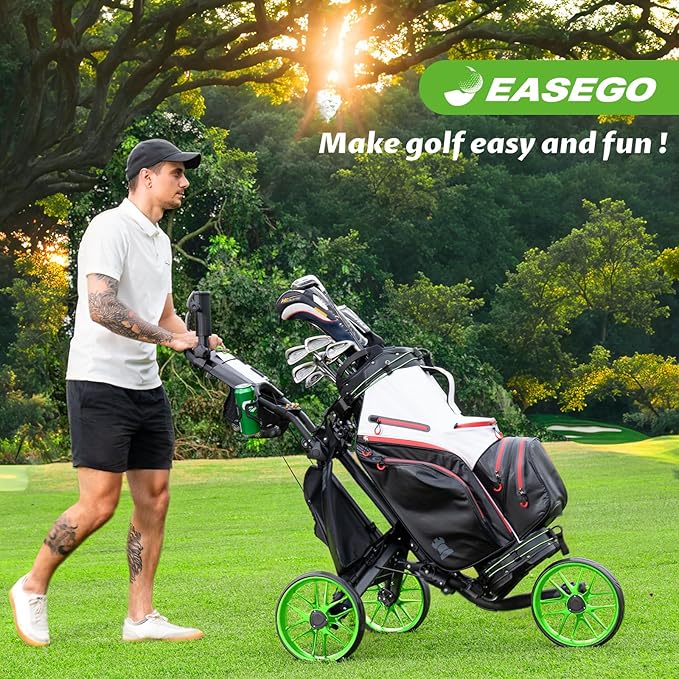Golf Push Cart 3 Wheel : Golf Bag Cart Foldable with Phone Holder/Cup/Umbrella Holder Compact Golf Pull Carts Quick Fold Golf Caddy Push Carts with Large Wheelbase for Different Terrain