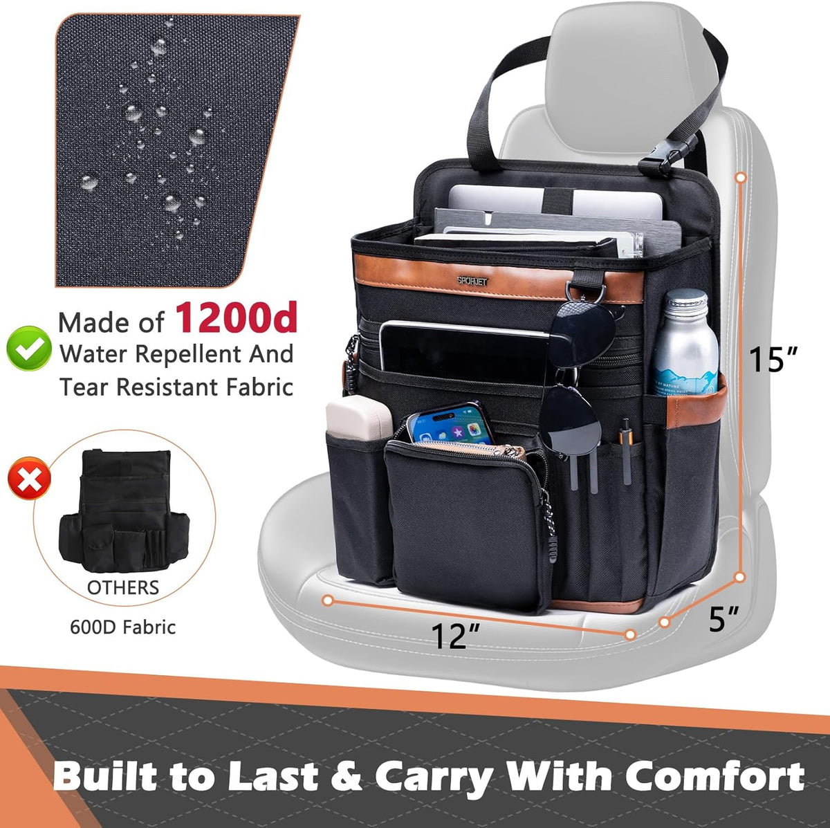 Car Seat Organizer with Laptop Compartment (Fits 15.6"), Front & Backseat Passenger Organizer with Adjustable Strap, Multiple Pockets, Portable Office Bag, Water-Resistant 1200D Polyester