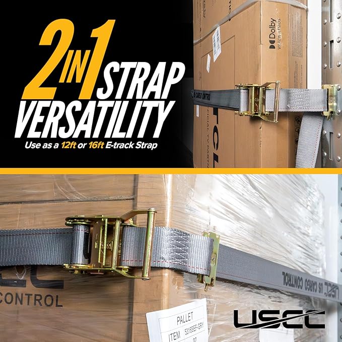 US Cargo Control Double-Fitted E Track Straps 2" x 16' (2-Pack), 4,400 LBS Break Strength, Gray Heavy Duty E Track Ratchet Straps with 3 Spring E-Fittings, Versatile 2-in-1 Logistic Tiedowns