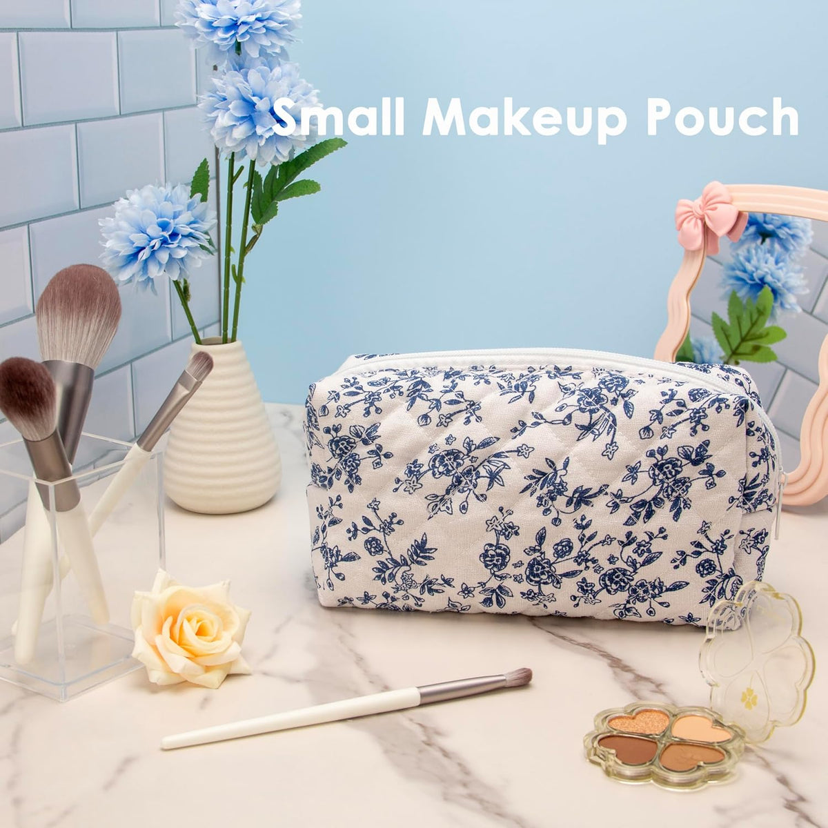 PAZIMIIK Small Quilted Makeup Bag,Zipper Cosmetic Pouch,Jouy Blue,6 Pack