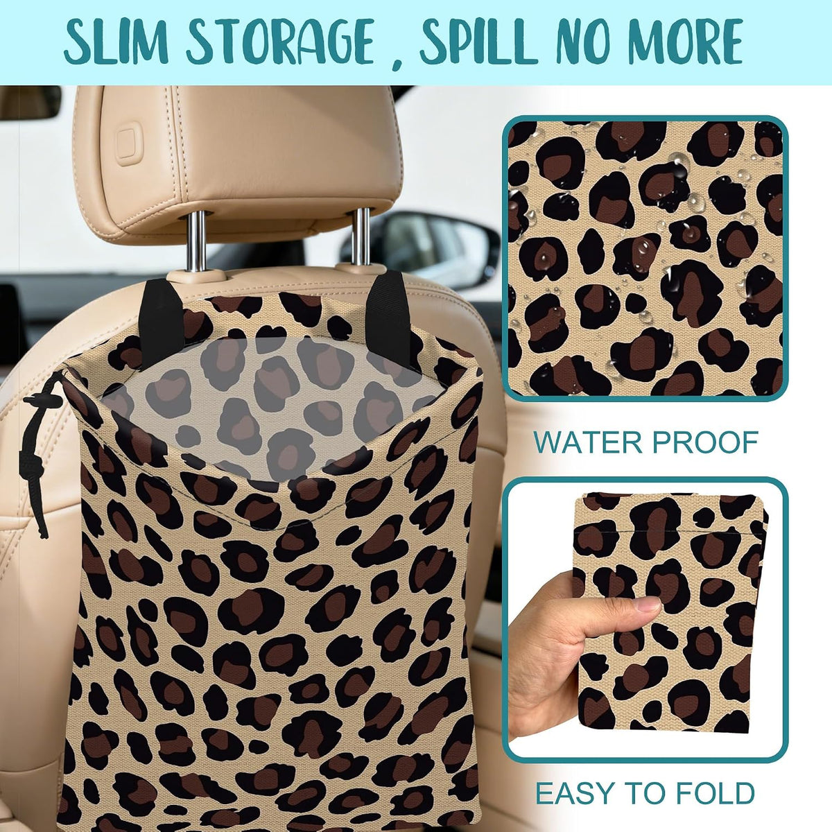 Car Trash Bag Abstract Brown Leopard Leak-Proof Car Garbage Bag with Drawstring Foldable Canvas Trash Bin with Adjustable Buckle for Car Accessories, Travelling, Camping