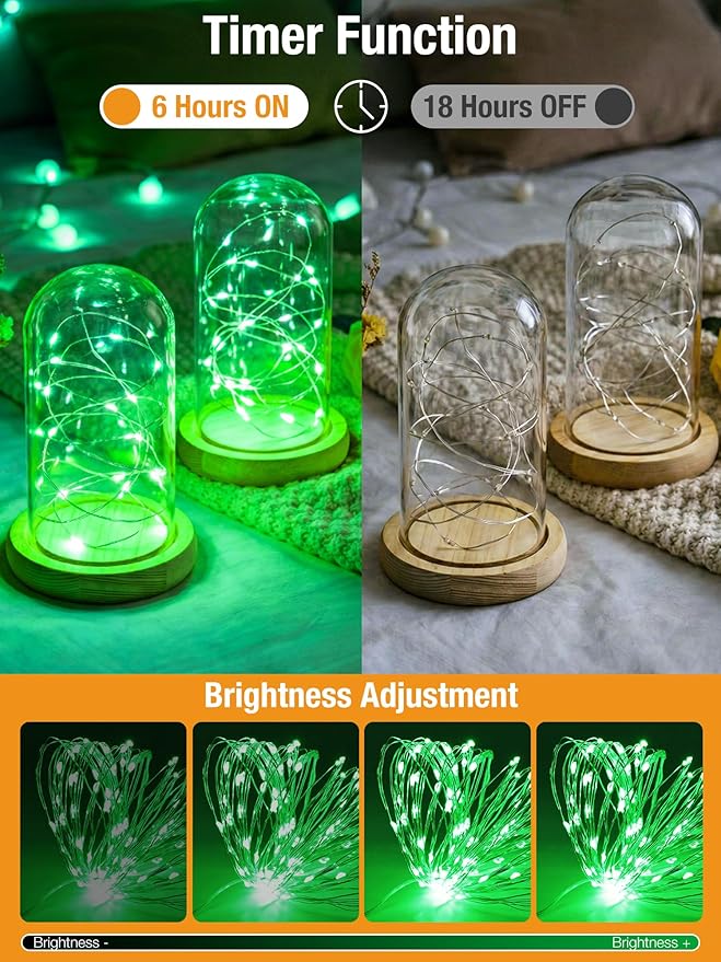 btfarm 4 Pack St Patrick’s Day Green Fairy Lights Battery Operated with Timer, 16FT 50 LED Silver Wire Twinkle String Lights 8 Modes Dimmable Waterproof for Christmas Bedroom Party Decorations, Green