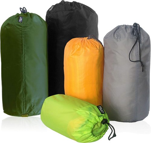Frelaxy Stuff Sack Set - 5-Pack Ultralight Ditty Bags with Dust Flap for Travel & Hiking | Neon Green, Orange, Gray, Army Green, Black