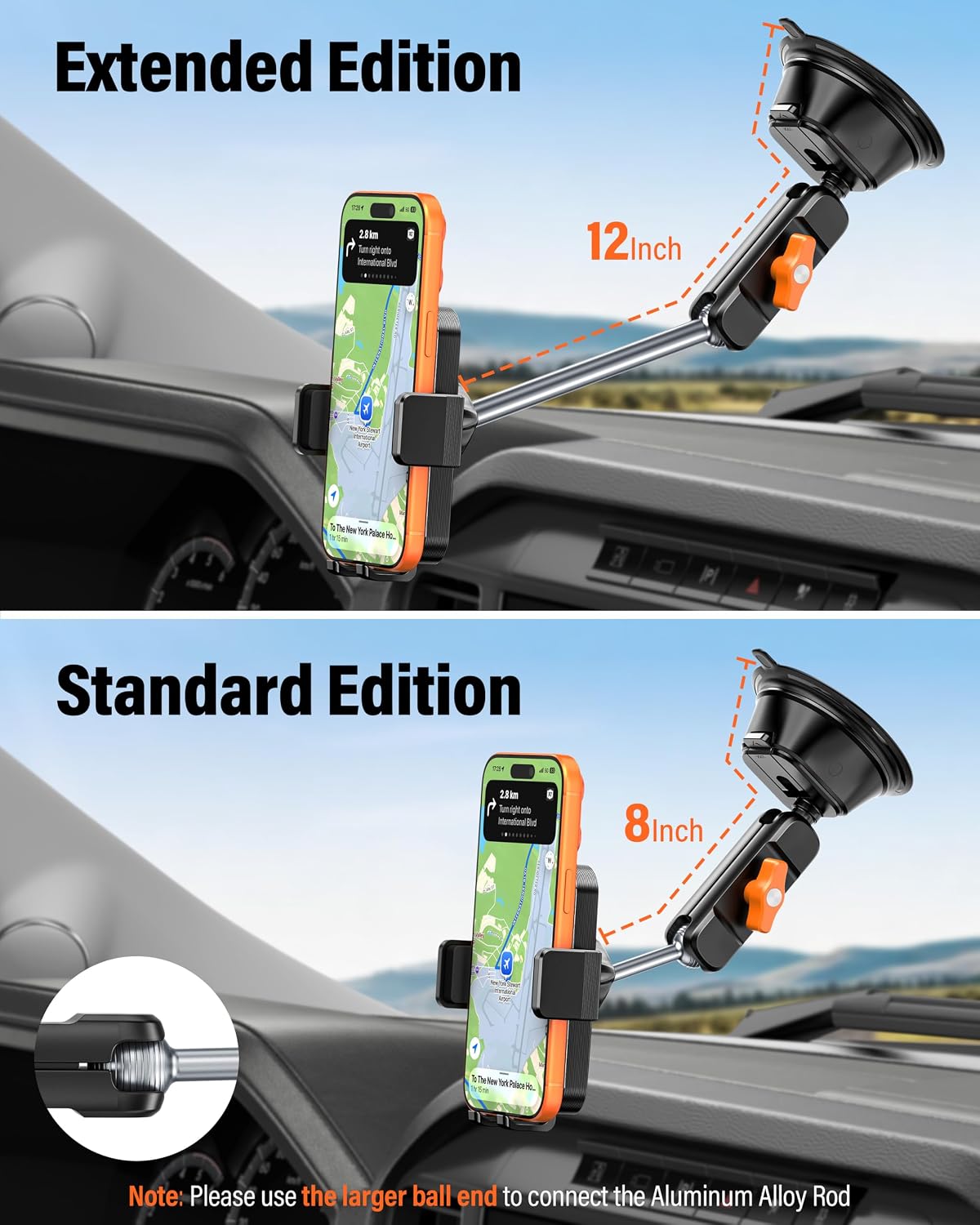 A2C 8" Adjustable Metal Arm Windshield Phone Mount, Suction Phone Holder