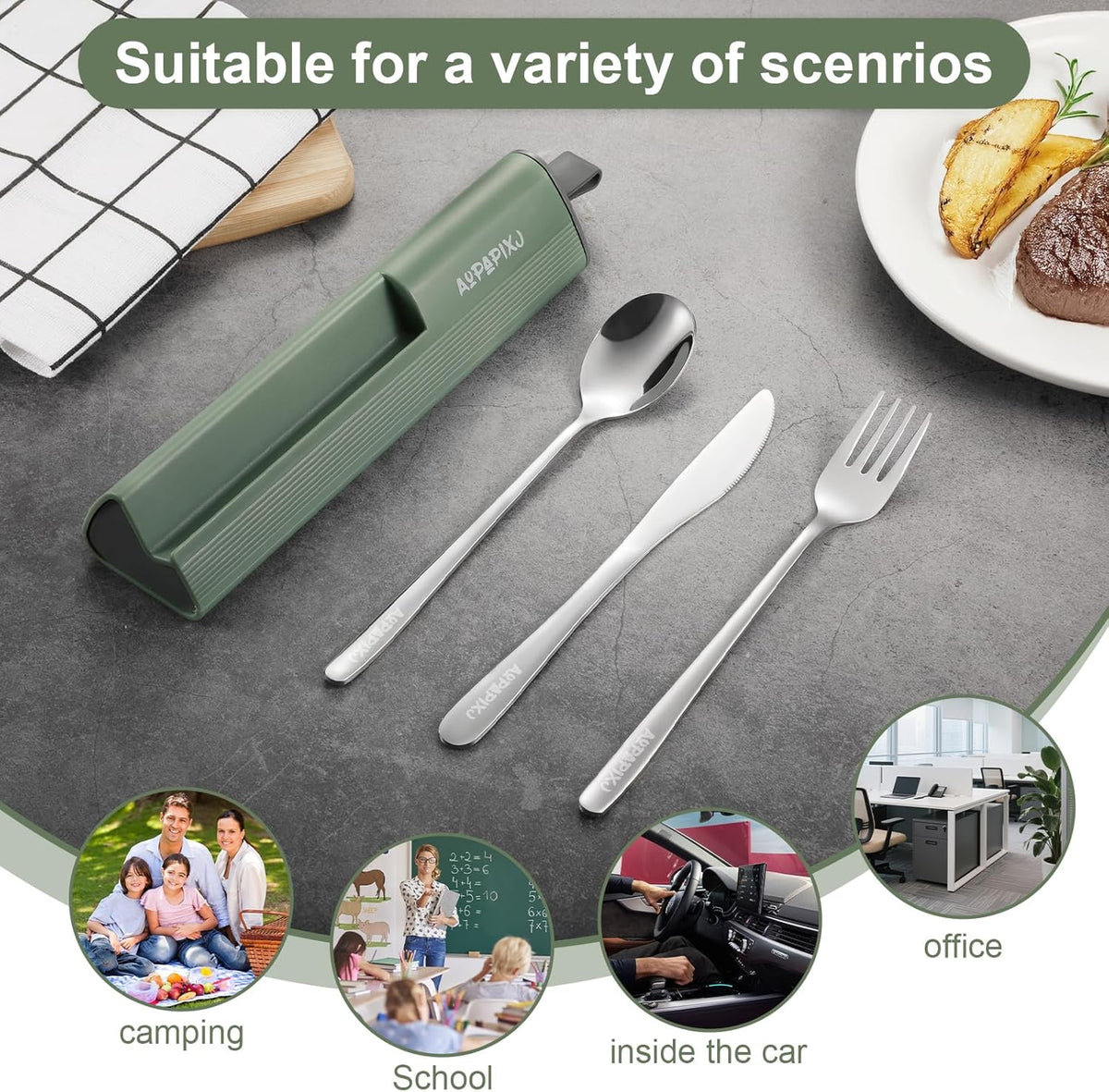 Skiennix Reusable Stainless Steel Utensils Set - Portable Flatware Kit with Case & Phone Stand for Travel, Camping, Outdoor Activities