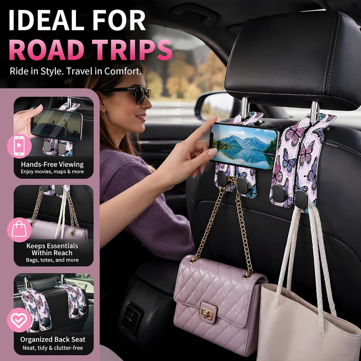 Car Seat Back Storage Hook, Funny Car Purse Hook, Cute Vehicle Storage Organizer for Purses Handbags Cute Pastel Butterfly