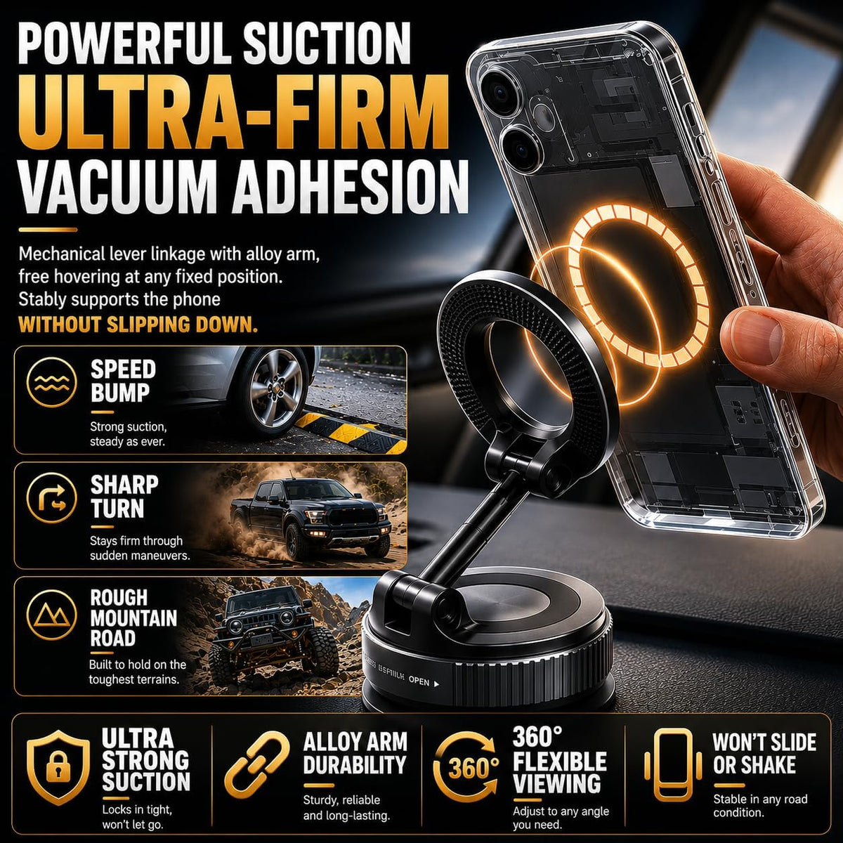 Magnetic Phone Holder for Car – 360° Rotation Vacuum Suction Mount – Strong Magnetic Dashboard & Windshield Phone Stand Compatible with iPhone, Samsung, Google Pixel & All Smartphones