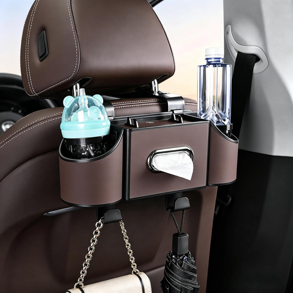 Back Seat Car Organizer, 2 Cup Holders, Tissue Holder, Phone Stand & Hooks