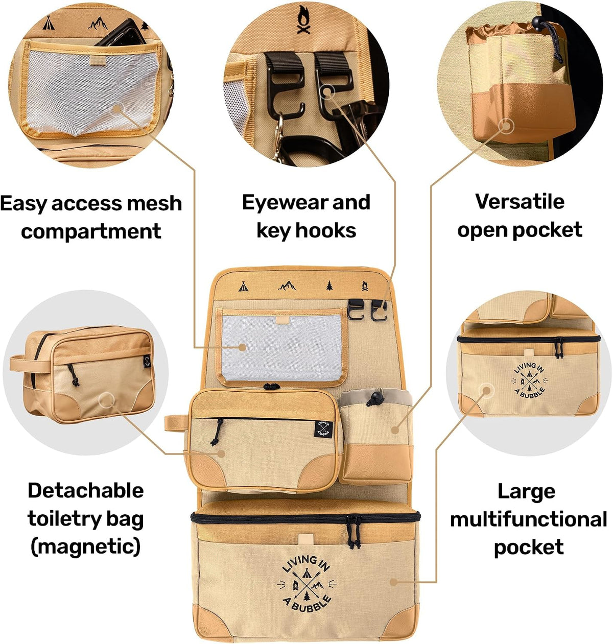 Living in a Bubble Seat back Organizer – Magnetic Toiletry and Cooler Pouch, Cordura Car Backseat Storage with Device Holder & Hooks, Multi-Compartment Utility Bag for Campervans & Family Travel