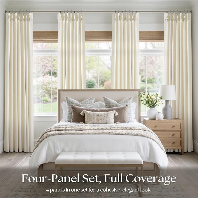 Cream Beige Pinch Pleated Linen Curtains 84 Inch 4 Panels Set